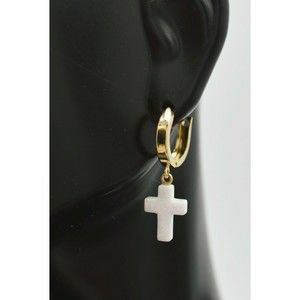 14K Solid Yellow Gold White Cross Huggie Opal Dangle Earrings